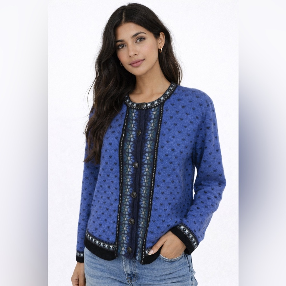 Vintage Blue Nordic Cardigan Oversized Fair Isle Sweater Cozy Cottagecore